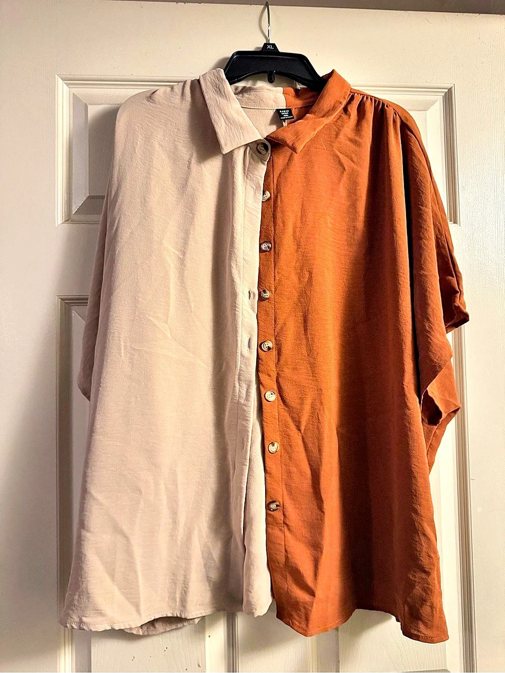 SHEIN Color Block Button Down Shirt in Brown & Cream